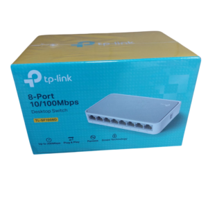 "Front of the TP-Link TL-SF1008D 8-Port Ethernet Switch packaging, featuring the product image, brand logo, and model name