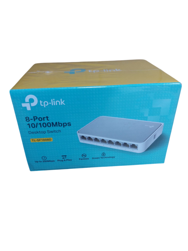 "Front of the TP-Link TL-SF1008D 8-Port Ethernet Switch packaging, featuring the product image, brand logo, and model name